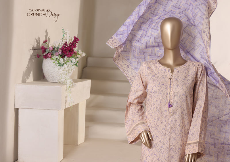 Cambric - Stitched printed 3piece with Lace work - Crunch Beige