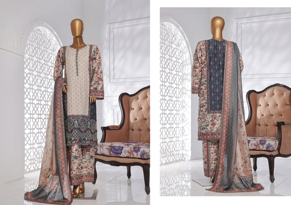 Lawn Chickankari - Stitched Embroidered 3piece with Lace work  - White & Maroon