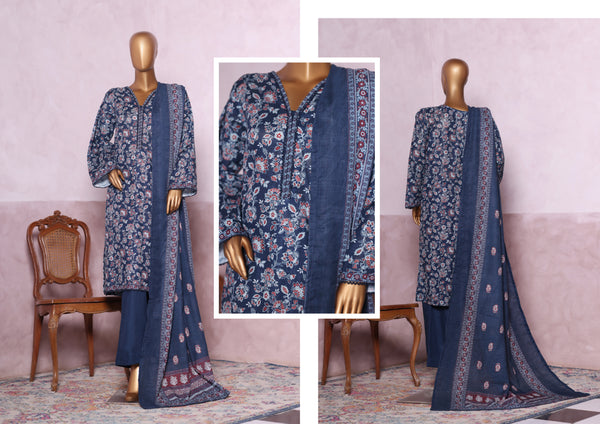 Khaddar - Stitched printed 3piece with Lace work - Blue