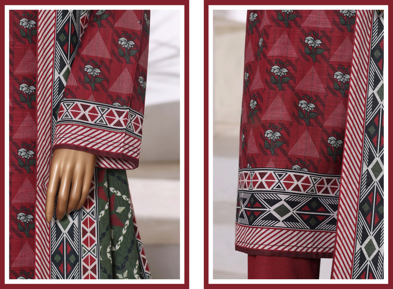 Khaddar - Printed 3piece collection with Lace work - Maroon