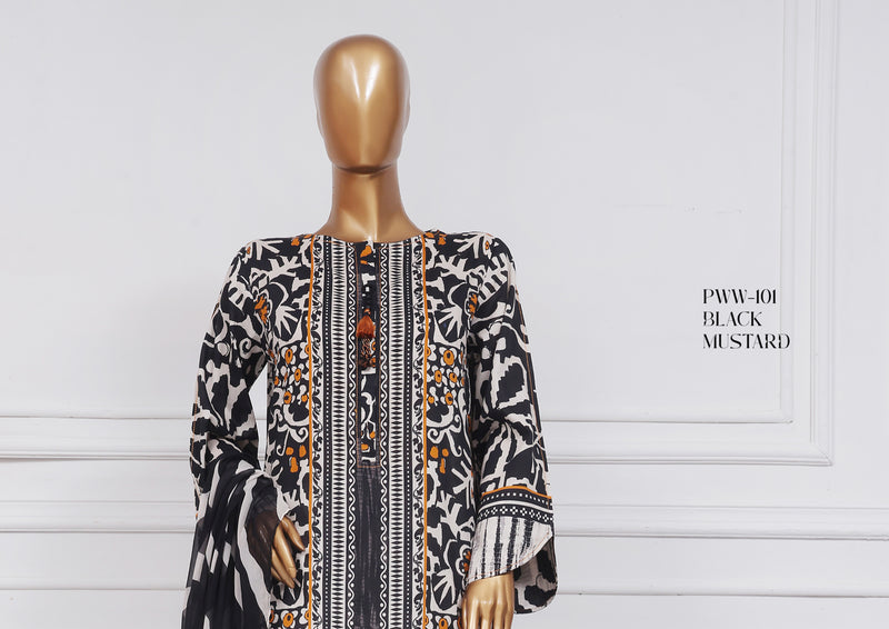 Lawn - Stitched Printed 3 piece with Chiffon Dupatta - Black Mustard