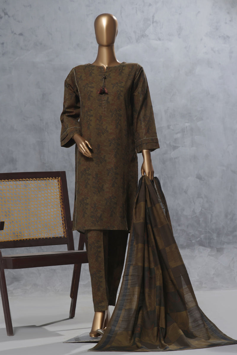 Khaddar - Stitched Printed 3 Piece Suit with Lace work - Olive Green