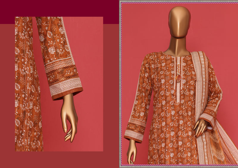 Khaddar - Stitched printed 3piece ready to wear - Crunchy Rust