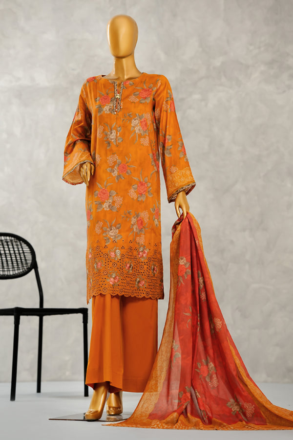 Lawn - Stitched Digital Printed Embroidered 3piece with Boring work - Orange