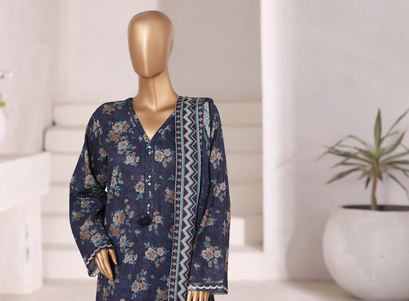 Khaddar - Stitched Embroidered 3piece collection with Lace work - Dark Blue