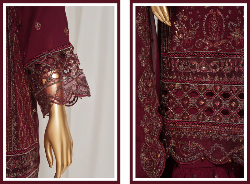 Formal Luxury Chiffon - Stitched Embroidered 3piece with Emb Dupatta - Maroon