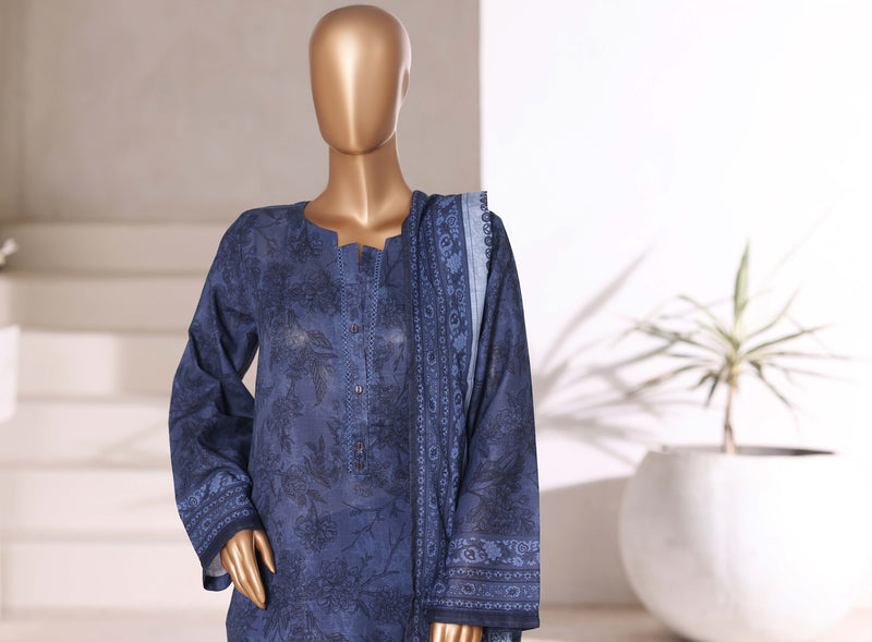 Khaddar - Stitched printed 3piece with Lace work - Blue