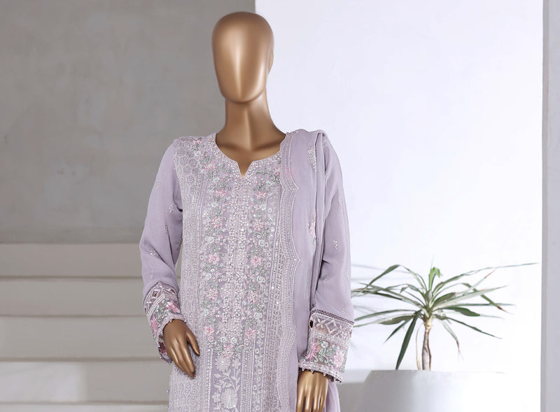 Chiffon - Stitched Formal Embroidered 3piece with Hand work - Coral