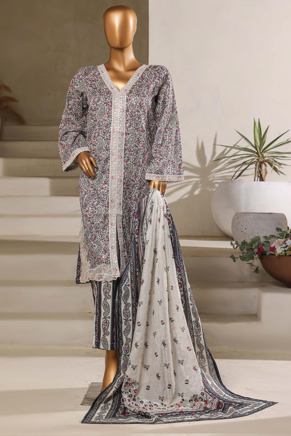 Lawn - Stitched Embroidered Chikankari 3piece with Lace work - Dark Grey
