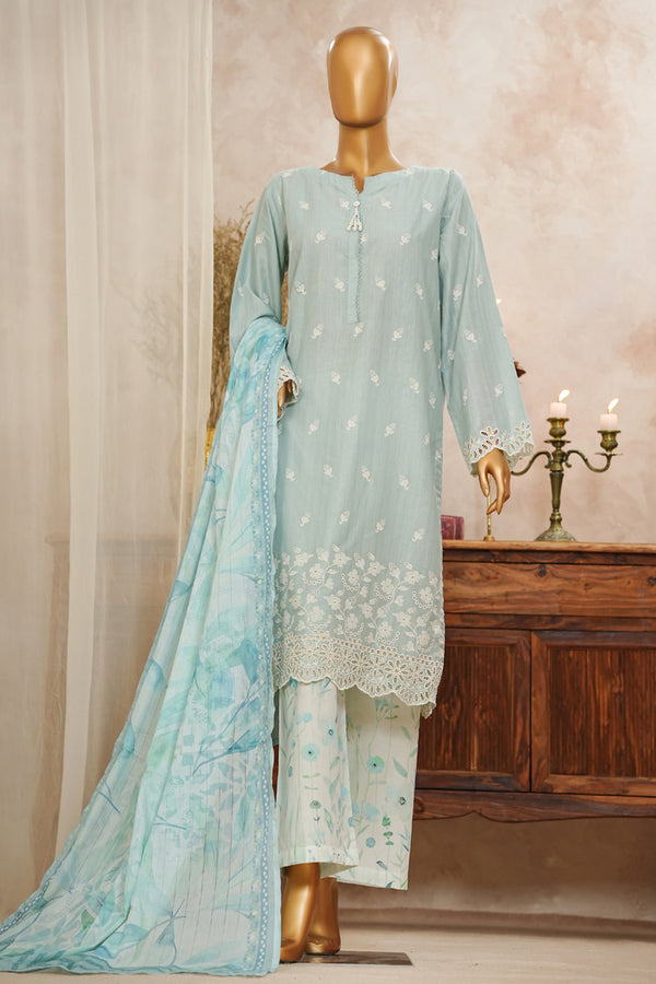 Lawn Slub - Stitched Chikankari Embroidered 3piece with Lace work - Sky Blue