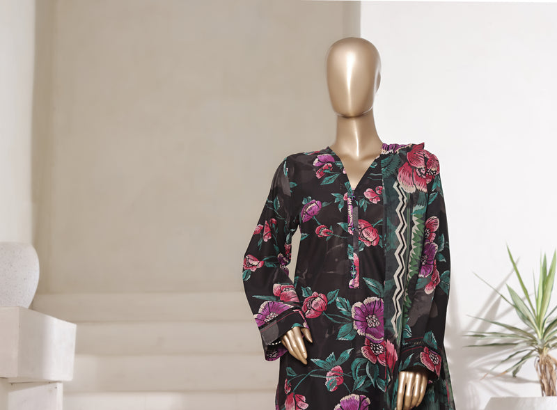 Lawn - Stitched printed 3piece with Lace work - Black