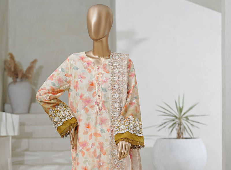 Lawn - Stitched Embroidered 3piece with Cutwork & Printed chiffon Dupatta - Peach