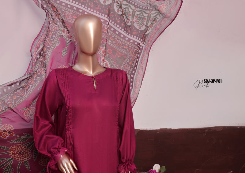 Cambric - Stitched printed 3piece with Lace work - Pink