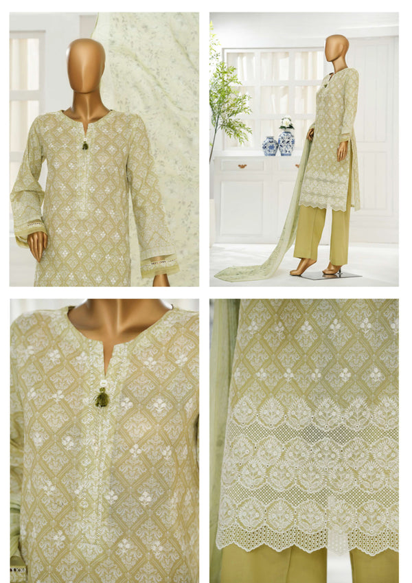 Cambric Chikankari - Stitched Embroidered 3piece with Lace work - Fern Green
