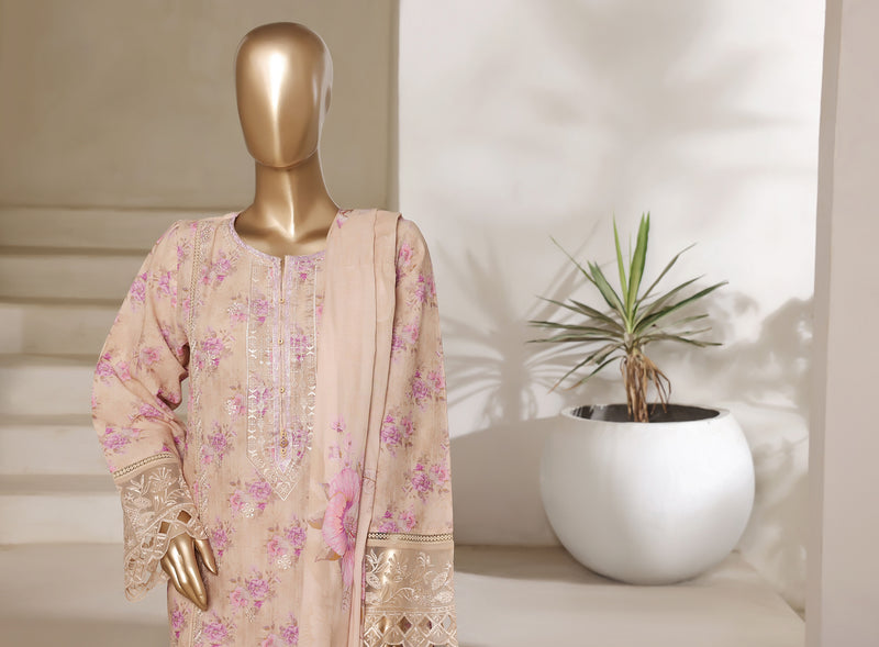 Lawn - Stitched Digital Printed Embroidered 3piece with Lace work - Skin