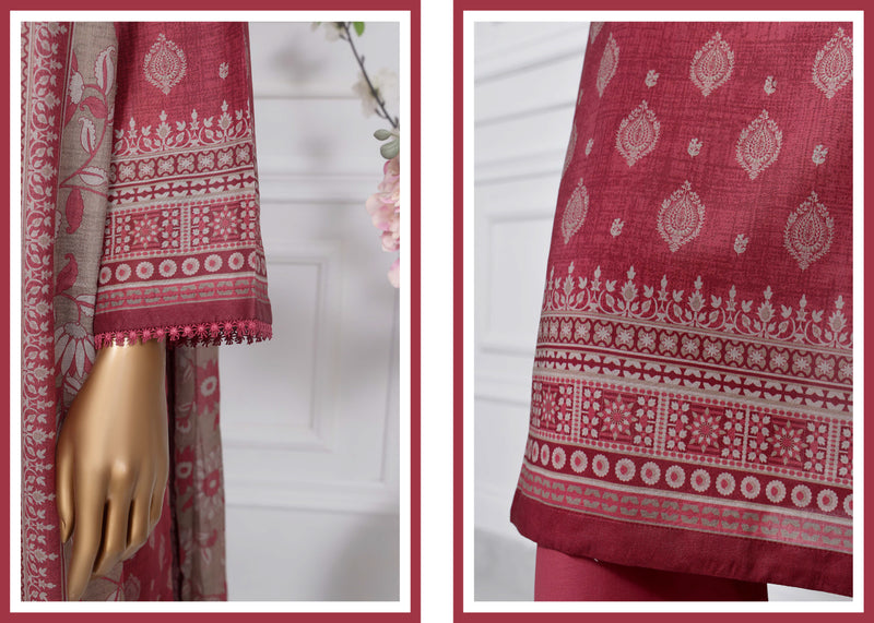 Lawn - Stitched Printed 3piece with Lace work - Maroon