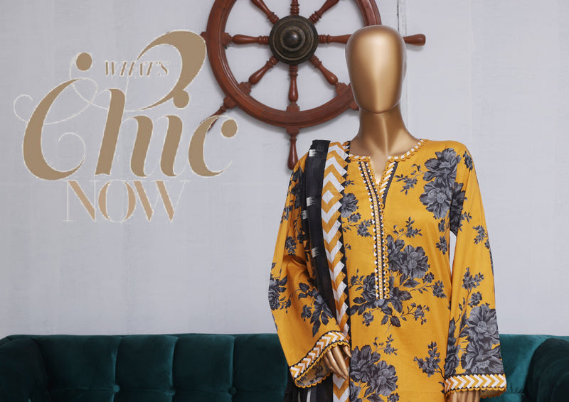 Lawn - Stitched printed 3piece with Farshi Shalwar - Yellow