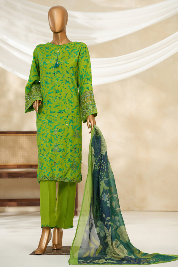 Cambric | Cotton - Stitched printed embroidered silk 3piece with Boring, Cutwork & Mirror work - Neon Green