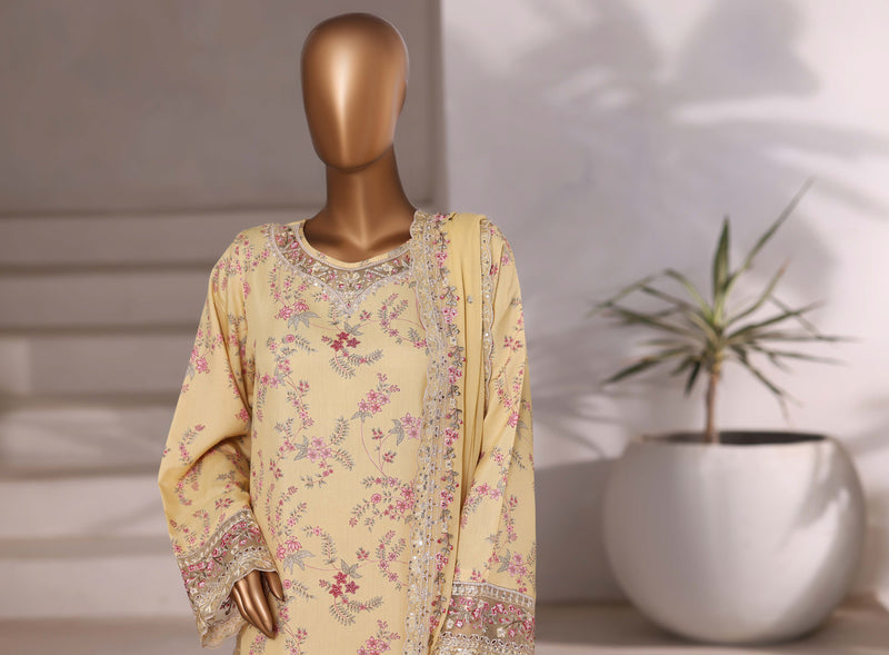 Luxury viscose - Stitched Embroidered 3piece with Chiffon embroidered Dupatta - Yellow