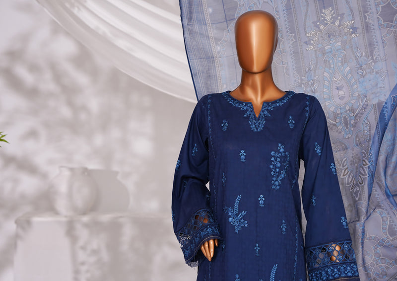 Cambric | Cotton - Stitched Embroidered Printed 3piece with Nannokara Dupatta - Midnight Blue