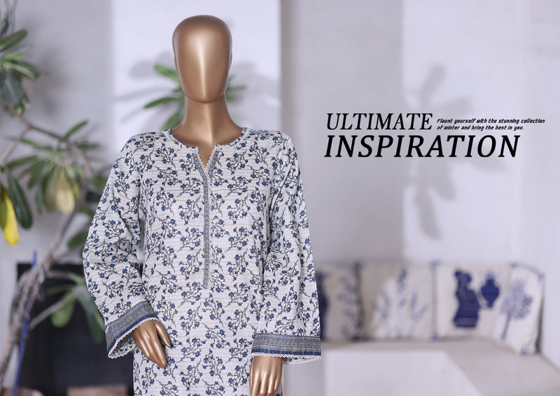 Khaddar Co-Ords - Stitched printed Kurti & trouser with Lace work - White