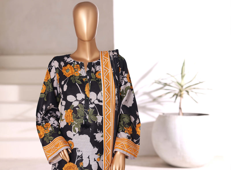 Khaddar - Stitched printed 3piece with Lace work - Black & Yellow