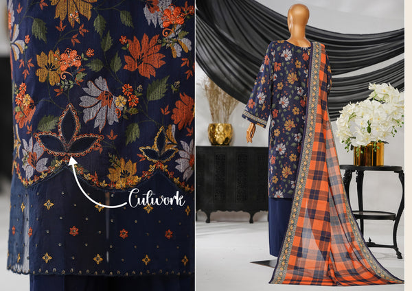 Cotton | Cambric - Stitched Embroidered 3piece with Lace work - Multi Navy