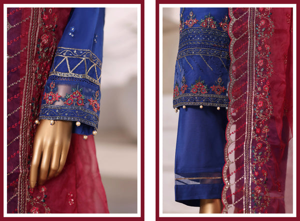 Organza - Stitched Embroidered 3piece with Hand work - Blue & Maroon