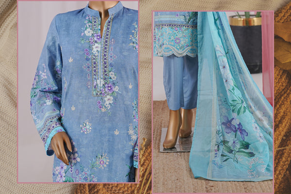 Lawn - Stitched Embroidered 3piece with Zari work & Lace work - Sky Blue
