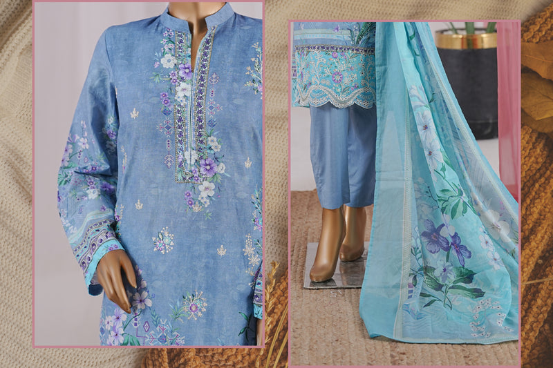 Lawn - Stitched Embroidered 3piece with Zari work & Lace work - Sky Blue