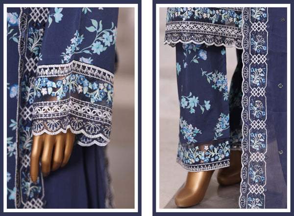 Luxury viscose - Stitched Embroidered 3piece with Chiffon embroidered Dupatta - Blue