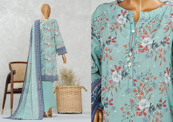 Lawn PrintKari - Stitched Embroidered 3piece with Embroidered Dupatta - Ocean Green
