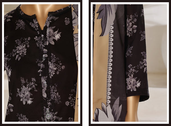 Lawn - Stitched printed 3piece with Farshi shalwar - Black