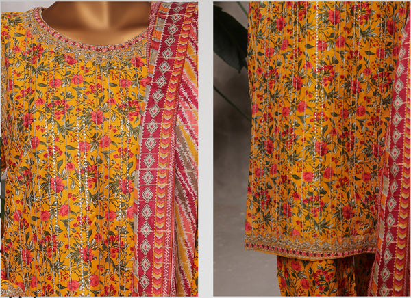 Lawn - Stitched Embroidered 3piece with Lace work - Yellow