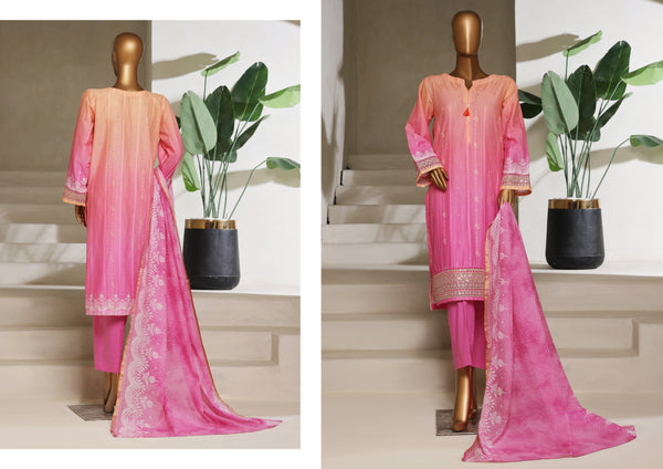 Lawn - Embroidered jacquard 3piece with Lace work - Coral