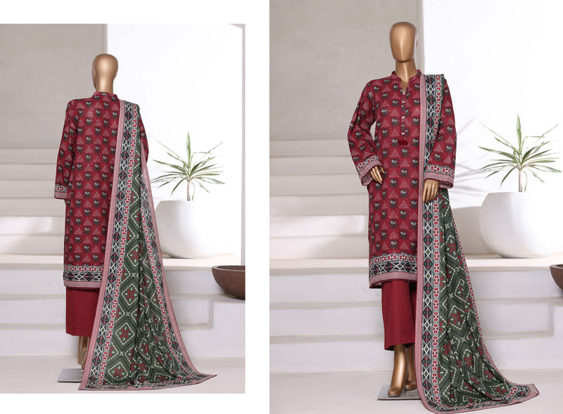 Khaddar - Printed 3piece collection with Lace work - Maroon