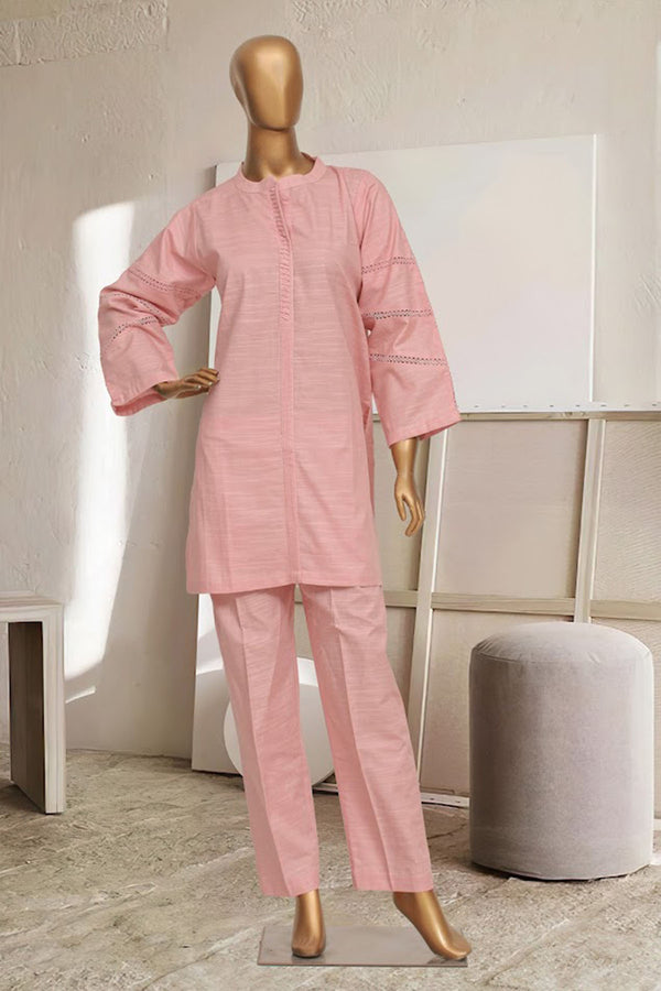 Khaddar Solid Co-ords - Stitched kurti & trouser with Pintex & Lace work - Pink