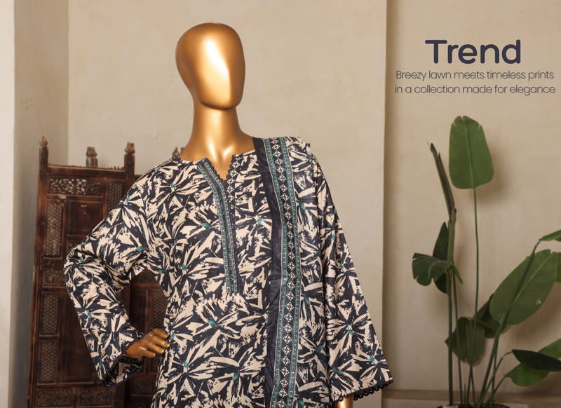 Lawn - Stitched printed 3piece with Lace work - Grey & Skin