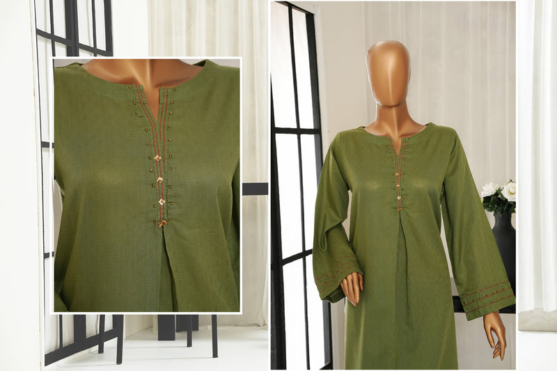 Lawn Jacquard - Stitched Jacquard Shirt with Highlights of Hand Touching Embellishment - Green