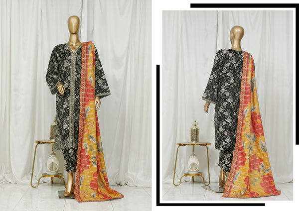 Lawn (front open style) - Stitched Embroidered 3piece with Lace work - Black