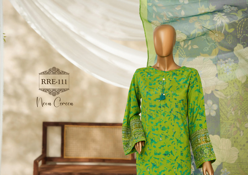 Cambric | Cotton - Stitched printed embroidered silk 3piece with Boring, Cutwork & Mirror work - Neon Green