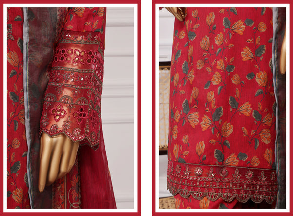 Lawn Farshi- Stitched Embroidered 3piece with Farshi shalwar - Red