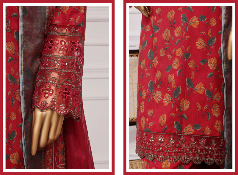 Lawn Farshi- Stitched Embroidered 3piece with Farshi shalwar - Red