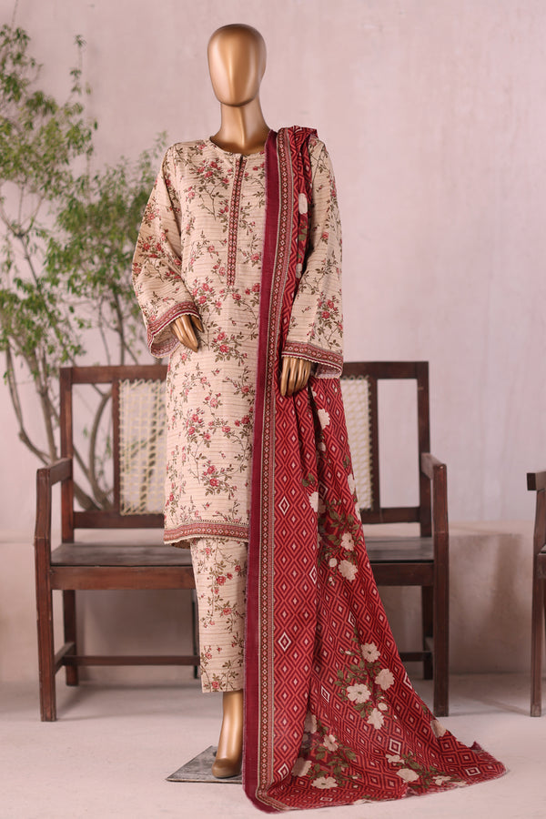 Khaddar - Stitched  printed 3piece with Lace work  -  Peach