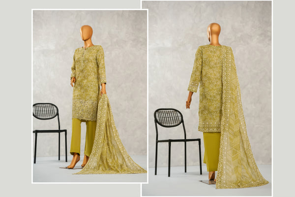 Lawn - Stitched Digital Printed Embroidered 3piece with Boring work - Green