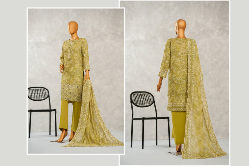 Lawn - Stitched Digital Printed Embroidered 3piece with Boring work - Green