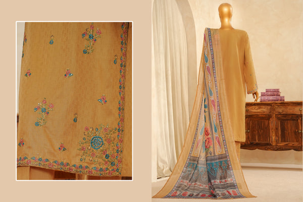 Lawn Jacquard - Stitched Embroidered 3 piece with lace work - Golden Rod