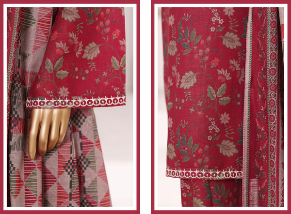 Khaddar - Stitched Embroidered 3piece collection with Lace work - Red