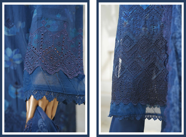 Lawn Chikankari - Stitched Embroidered 3piece with Cutwork and Embroidered Chiffon Dupatta - Dark Blue