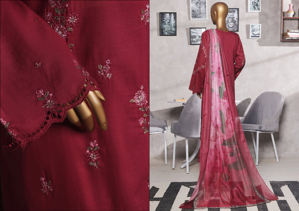 Lawn - Stitched Self Jacqaurd Embroidered 3piece with Emb trouser - Maroon